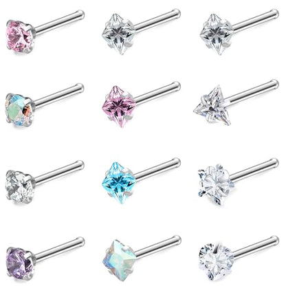 Hypoallergenic Nose Rings Studs 18G & 20G Surgical Steel Nose Studs L Shaped Nostril Piercing Jewelry with Cubic Zirconia for Women & Men - color: 18g,straight,crystal