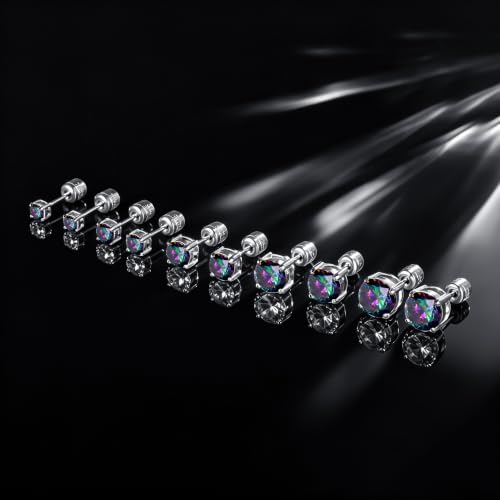 5 Pairs Screw Back Stud Earrings Set, Cubic Zirconia Stud Earring for Women Men Hypoallergenic 316L Surgical Stainless Steel Round Cut CZ 3-7mm - color: White-Rainbow