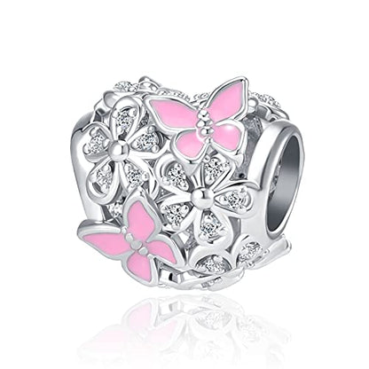 Butterfly Flower Garden Charm Magnolia Bloom Crystal Opennwork Enamel Bead for Pandora Charm Bracelet - style: Pink Butterfly Flower