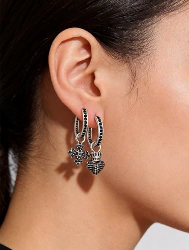 925 Silver Dangle Earrings for Women Sparkly Trendy Dainty Cute Crown Heart Cross CZ Drop Earring Fun Bling Asymmetrical 2000s Y2k Fashion Huggie Hoops Dangling Streetwear Jewelry Accessories - color: Bk