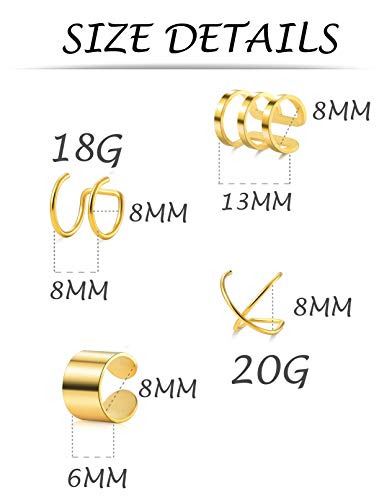 4-10 Pairs Stainless Steel Ear Cuff Helix Cartilage Clip On Wrap Earrings Fake Nose Ring Non-Piercing Adjustable - color: B1: 4 Pairs, Gold Tone