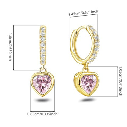 Heart Hoop Earrings with Dangle Sterling Silver Love Heart-Shaped Loop Earrings for Women Hypoallergenic Sparkle Birthstone Cubic Zirconia Hoop Earring with Dangling Charms Dainty Fashion Jewelry Gift - color: Gold-Pink
