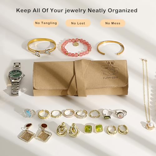 Microfiber Travel Jewelry Storage Roll Jewelry Storage Bag Jewelry Roll Suitable for daily and travel use, large capacity, light and easy to carry (Khaki)