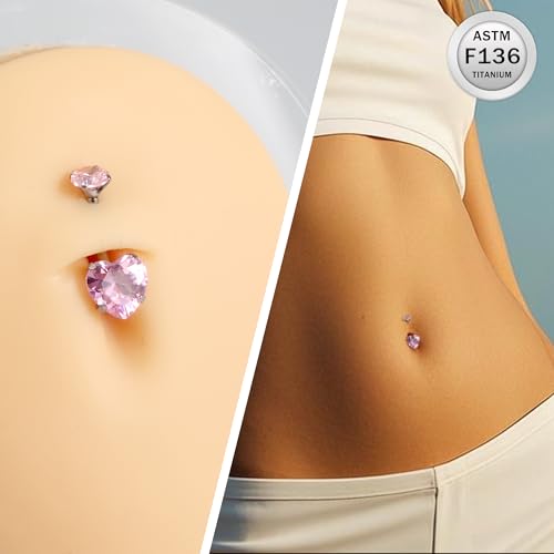 ASTM F136 Titanium Belly Button Rings 14G CZ Heart Belly Navel Rings 10mm Bar Body Piercing Jewelry Navel Ring With 1PCS Curved Piercing Taper - color: Pink CZ