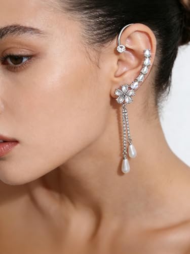 2PCS Flower Tassel Zircon Earrings Ear Cuffs No Piercing Flower Climber Wrap Around Earrings Pearl Drop Earrings for Women Fairy Ear Clip Dainty Wedding Earrings for Brides - color: Style 4 - Silver