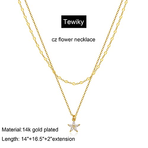 Tewiky Dainty 14k Gold Plated/Silver Cubic Zirconia Necklaces for Women, Simple CZ Jewelry Necklaces Trendy Gifts - color: Gold layered flower CZ