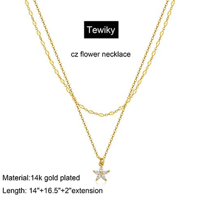 Tewiky Dainty 14k Gold Plated/Silver Cubic Zirconia Necklaces for Women, Simple CZ Jewelry Necklaces Trendy Gifts - color: Gold layered flower CZ