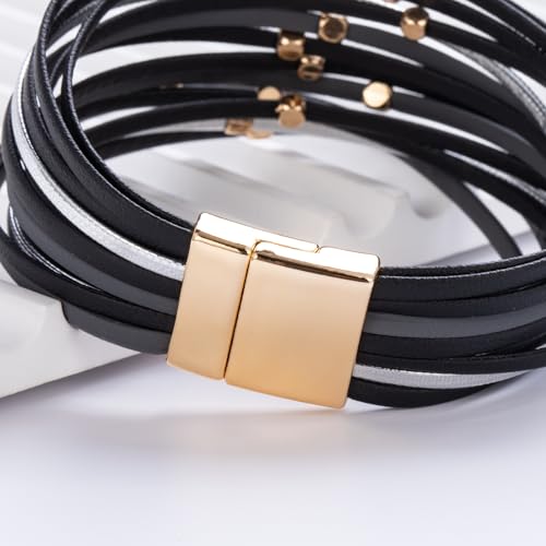 Stackable Beaded Leather Wrap Bracelet Boho Western Country Beach Jewelry | Layered Bead Stack Multi Strand Magnetic Clasp Cuff Bangle Bohemian Hippie Cowgirl Fashion Summer Vacation Outfits for Women - color: Black
