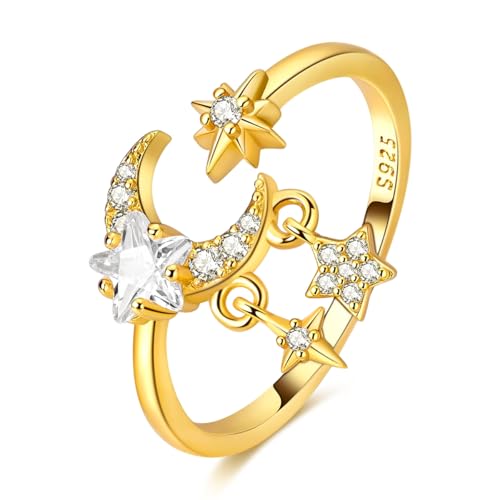 925 Sterling Silver Adjustable Rings for Women 14K Gold Plated Thumb Rings | Stackable Statement Eternity Rings Dainty Starfish Star Moon Heart Lucky Open Ring Trendy Jewelry Birthday Gifts for Ladies - color: 01Gold Star Moon Ring