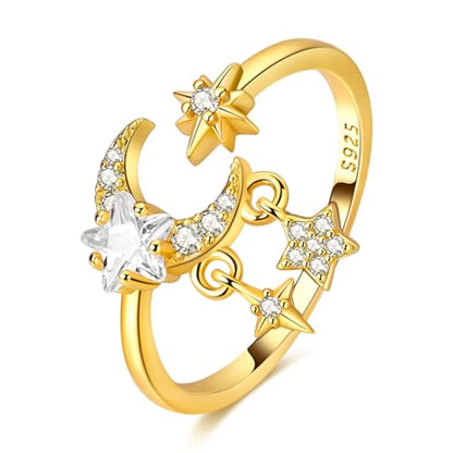 925 Sterling Silver Adjustable Rings for Women 14K Gold Plated Thumb Rings | Stackable Statement Eternity Rings Dainty Starfish Star Moon Heart Lucky Open Ring Trendy Jewelry Birthday Gifts for Ladies - color: 01Gold Star Moon Ring
