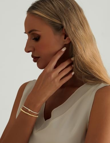 14K Gold Plated Bracelets for Women Dainty Tennis Initial Bracelet Trendy Beaded Stackable Charm Bracelets Layered Waterproof Bracelet Dainty Bracelet for Women Jewelry Gifts - style: R