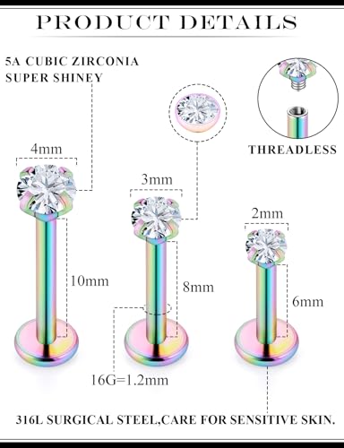 16G Internal Thread Flat Back Earrings Nose Studs 316L Surgical Steel Medusa Labret Monroe Lip Ring Tragus Forward Helix Conch Cartilage Lobe Earrings Stud Piercing Jewelry For Women Men - color: Rainbow-Clear CZ