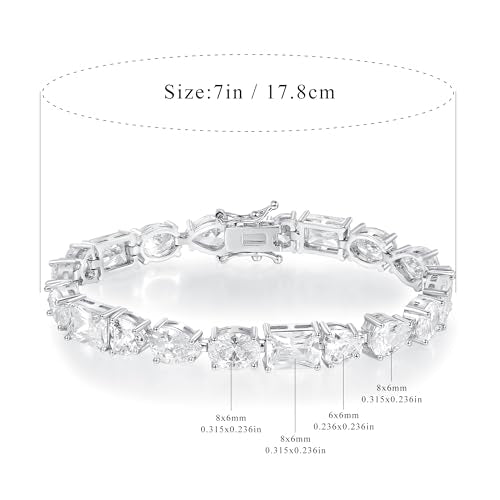 MDFUN 14K White Gold Plated Tennis Bracelet with Heart Oval Teardrop Rectangle Cut Cubic Zirconias for Women Men, 6.5-7.5 inches