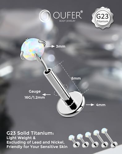 OUFER 2PCS 16G/20G Nose Lip Studs, G23 Solid Titanium Threadless Push in Nose Nostril Lip Labret Medusa Monroe Helix Cartilage Tragus Conch Lobe Piercing Jewelry for Women Men - color: Silver bar, Claw Opal, size: 2pcs, 16g 6mm, 3mm Opal