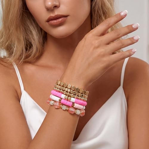 Summer Surfer Heishi Bracelet Set for Women Stackable Gold Plated Clay Ploymer Bead Stretch Pink Beach Layering Bracelets Jewelry - color: B-A7 plastic 6pc