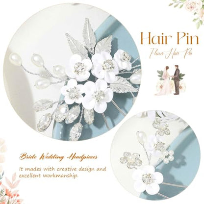Unsutuo Bridal Flower Hair Pins Crystal Pearl Headpieces Silver Rhinestone Hair Accessories for Women and Girls(Pack of 3) (Silver)