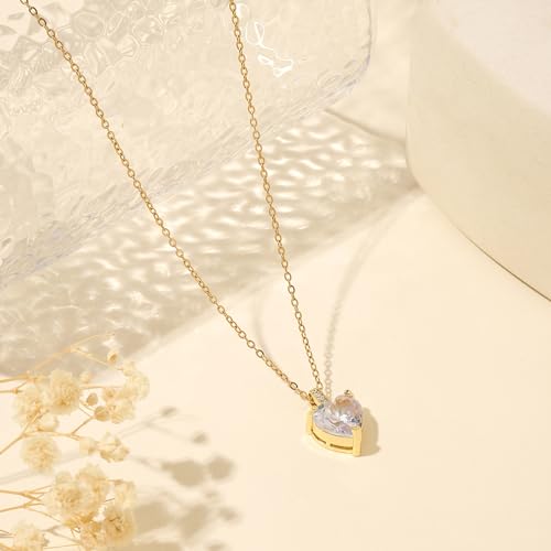 Heart Birthstone Necklace for Women, 14K Gold Plated Birthstone Pendant Necklace Cubic Zirconia Diamond Necklace Dainty Gold Necklace Birthday Gifts for Women Girls - color: 04. April(Diamond)