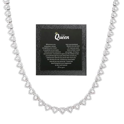 fasone Rhinestone Hearts Necklace, Iced Out Hearts Jewelry，Silver Tennis Necklace For Women，Tennis Necklaces For Women, Heart Tennis Necklace - color: White _15.7in my love