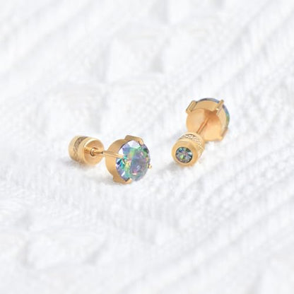 Titanium Flat Back Surgical Stainless Steel Stud Earrings for Women Men,Birthstone Stud Earrings Hypoallergenic Double Side 5A Cubic Zirconia Studs Jewelry 6mm - color: Golden-Rainbow CZ