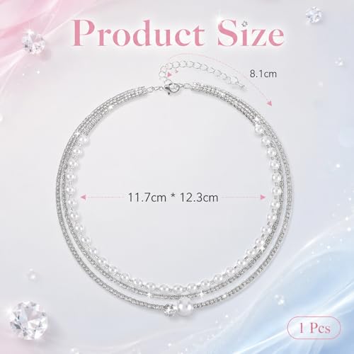 3-Layered Rhinestone Pearl Choker Necklaces for Women, Vintage Silver Necklace Prom, Multi Strand Pearl Necklace Choker for Women Wedding Bride