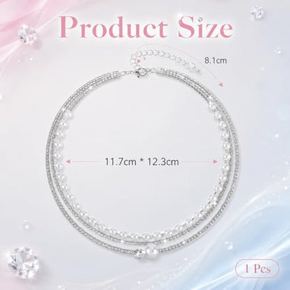 3-Layered Rhinestone Pearl Choker Necklaces for Women, Vintage Silver Necklace Prom, Multi Strand Pearl Necklace Choker for Women Wedding Bride