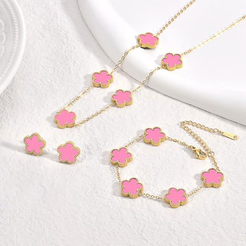 FLY FEI 18K Gold-Plated Four Leaf Clover Bracelet for Women,Adjustable lucky Bracelet Set Jewelry Gift-Hypoallergenic Charm for Birthdays, Wellness & Daily Wear - color: style07-pink set(3pcs)