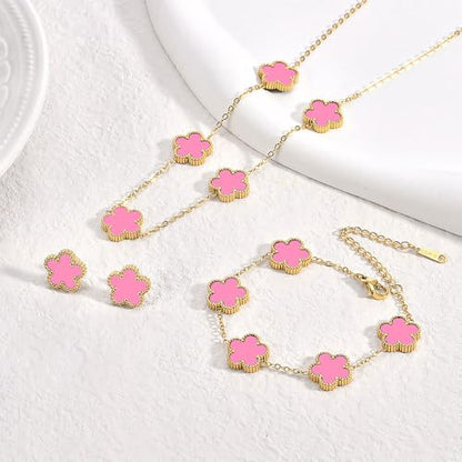 FLY FEI 18K Gold-Plated Four Leaf Clover Bracelet for Women,Adjustable lucky Bracelet Set Jewelry Gift-Hypoallergenic Charm for Birthdays, Wellness & Daily Wear - color: style07-pink set(3pcs)