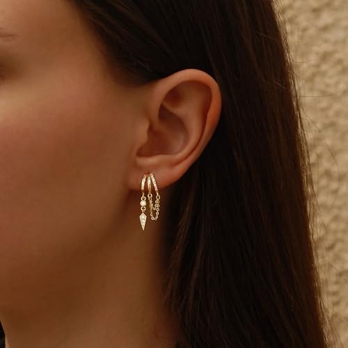 Dangle Earrings for Women,14k Gold Plated Triple Huggie Stud Earrings Cute Statement Chain Earring Dainty Drop Earrings for Women Trendy Gold Plated Jewelry - color: dangle1-Gold