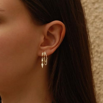 Dangle Earrings for Women,14k Gold Plated Triple Huggie Stud Earrings Cute Statement Chain Earring Dainty Drop Earrings for Women Trendy Gold Plated Jewelry - color: dangle1-Gold