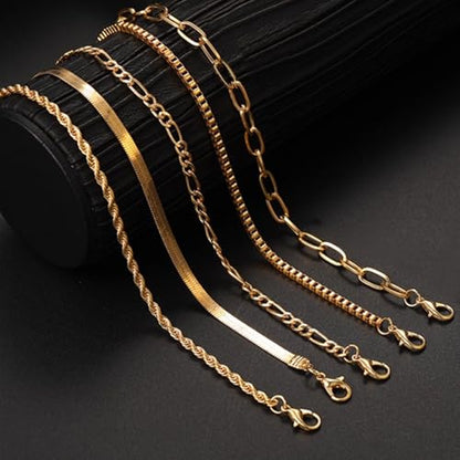 Women's Bracelet Set, 5PCS Gold Plated Stackable Bracelets - Thin Chain, Cuban Link, Paperclip Styles, Dainty Fashion Jewelry Gift for Women