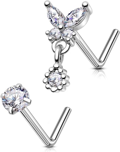 OUFER 2PCS Stainless Steel Nose Rings, Moon Star Butterfly Design 20G Nostril Dangle Piercing Jewelry - 7MM - style: Butterfly