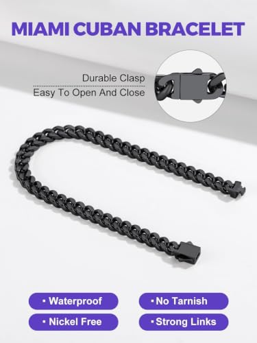 Richsteel Gold/Black/Silver Cuban Link Bracelet for Men,5/7/9/12MM Width | 316L Stainless Steel Chain Wrist Bracelet, Waterproof, No Tarnish, Hypoallergenic Hip Hop Jewelry, with Gift Box - color: 03-Black Plated 5mm Width