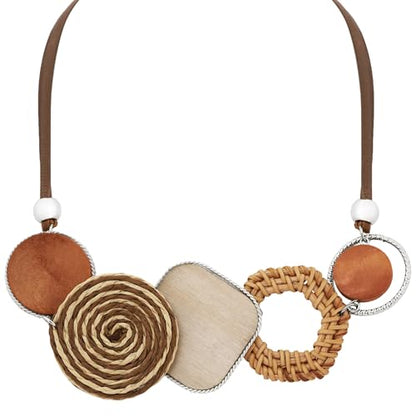 MINACHI Handmade Braided Necklace for Women, Wooden Beads, Rattan Charm, Vintage Style, Gift Jewelry - style: Necklace R21-033