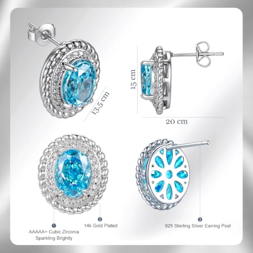 Hypoallergenic 14K Gold-Plated Cubic Zirconia Stud Earrings for Women - Comfort Piercing Earrings - color: sea blue