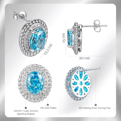 Hypoallergenic 14K Gold-Plated Cubic Zirconia Stud Earrings for Women - Comfort Piercing Earrings - color: sea blue