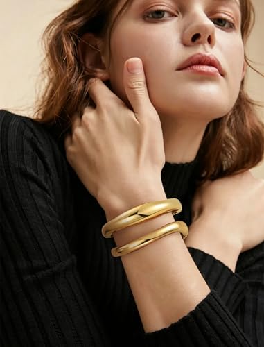 8YEARS Chunky Gold Bangle Bracelets for Women, 14k Gold Plated | Cuff Bangles, Stack Bracelet Set, Wide Trendy Fashion, Jewelry Gifts - color: B-Gold-2PCS