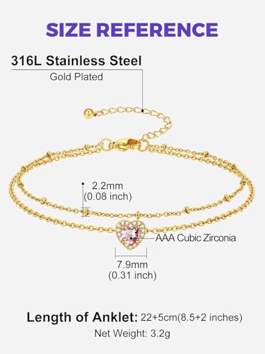 Richsteel Double Layer Heart/Butterfly Birthstone Anklet for Women | Non Tarnish Waterproof, Silver/Gold/Black Stainless Steel 8.5-10.5 Inch Adjustable Chain Anklets Summer Beach Foot Jewelry - color: Gold Heart-10 Oct.(Pink Tourmaline)