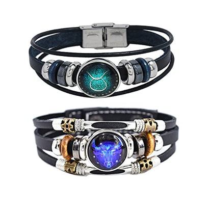 2Pcs Multilayer Constellation Zodiac Leather Bracelet Handmade Woven Zodiac Sign Wrap Bracelet Wristband for Women Men Jewelry Birthday Gift - color: E:Taurus(4/21 - 5/20)