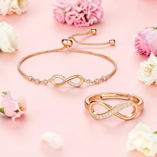 Nilu's Collection Infinity Shape Cubic Zirconia Diamond Bracelet for Women, Jewelry for Gift, Adjustable Charm Bracelet (Rose Gold Necklace + Bracelet) - color: Rose Gold Bracelet +Ring