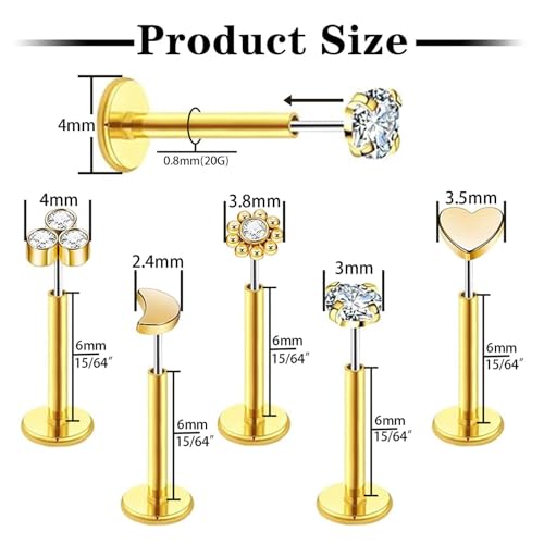 Uni-J 10pcs 20G/18G/16G Threadless Push-in Tragus Conch Cartilage Flat Back Helix Labret Monroe Lip Ring Daith Piercing Jewelry - color: 20G Gold 6mm