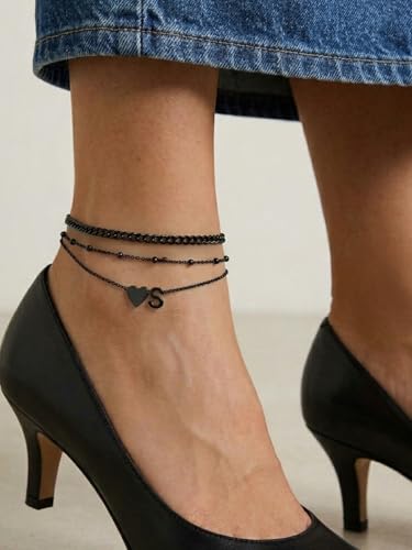Ankle Bracelets for Women Waterproof 14K Gold/Silver/Black Initial Anklet for Women Dainty Layered Heart Ankle Bracelets Stainless Steel Adjustable Foot Chain Anklet Summer Beach Jewelry - color: C-Black