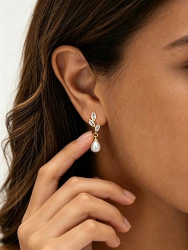 Pearl Earrings for Women Trendy, 14k Gold Plated Freshwater CZ Leaf Pearl Dangle Drop Gold Earrings Lightweight Hypoallergenic Stud Earring Bridesmaid Wedding Gold Jewelry for Women Gifts - style: leaf pearl dangle earrings