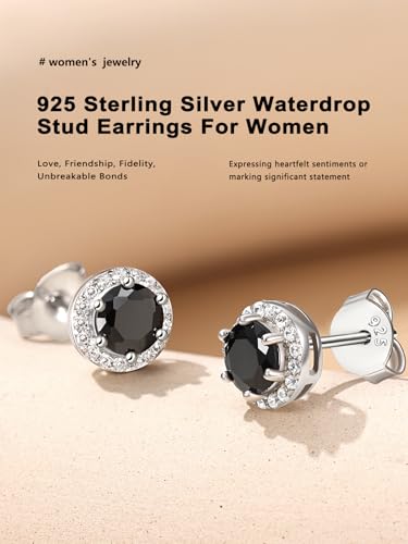 Bestyle Sparkling 925 Sterling Silver Birthstone Stud Earrings for Women, Heart/Round/Teardrop/Square Solitaire Diamond Studs Earrings, Great Birthday/Christmas Gifts - style: 00. Black Onyx-round