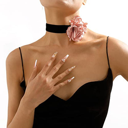 Rose Black Velvet Floral Choker Necklace - Camellia Daisy Rosette - Spring Summer Flower Jewelry - color: Pink