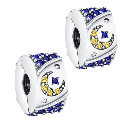 KEQ Clip Spacer Charm for Bracelet 925 Silver Pave Cubic Zirconia Clip Lock Stopper Bead Spacer For Women Bracelets Stopper Birthday Gifts European Openable Beads 2pcs - color: Stars and Moon in the Night Sky