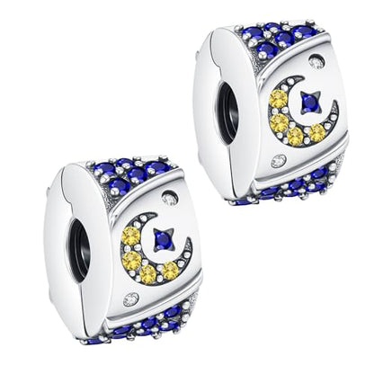 KEQ Clip Spacer Charm for Bracelet 925 Silver Pave Cubic Zirconia Clip Lock Stopper Bead Spacer For Women Bracelets Stopper Birthday Gifts European Openable Beads 2pcs - color: Stars and Moon in the Night Sky