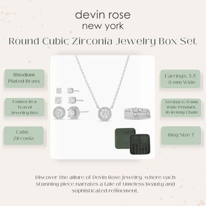 Devin Rose 7 Pcs Round Cubic Zirconia Necklace Stack Ring Stud Earring Set for Women in Green Travel Case Organizer Gift Jewelry Box with Lid