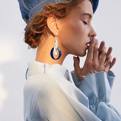 Bohemian Simplicity Acrylic Geometry Oval Circle Dangle Drop Earrings Lightweight Resin Chain Hook Earrings For Women - color: Navy