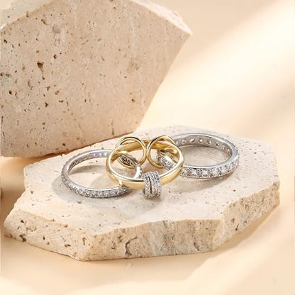 PATISORNA Gold Stackable Rings for Women Non Tarnish 18K Gold Plated Interlocked Stack Rings Set Silver Gold Mixed Metals Multi Ring Statement Thumb Rings Cubic Zirconia Connected Bands Fashion Jewelry Gifts - color: Three Circles Bands & CZ