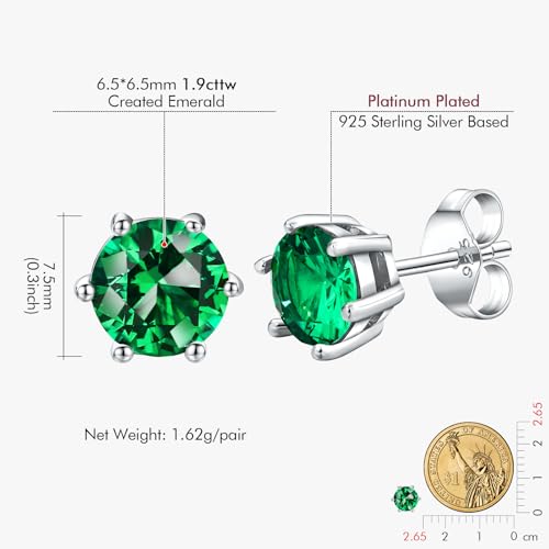 DAYBYDAY 925 Sterling Silver Birthstone Earrings for Women, Crystal Stud Earrings, 6.5mm Round Cut Solitaire Gemstone Earrings Birthday Jewelry - style: Round Cut-05. May/created emerald